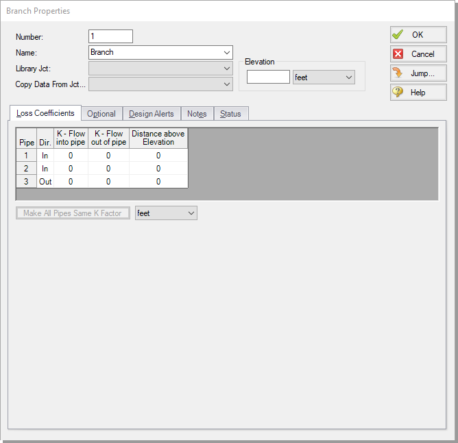 The Loss Coefficients tab of the Branch Properties window.